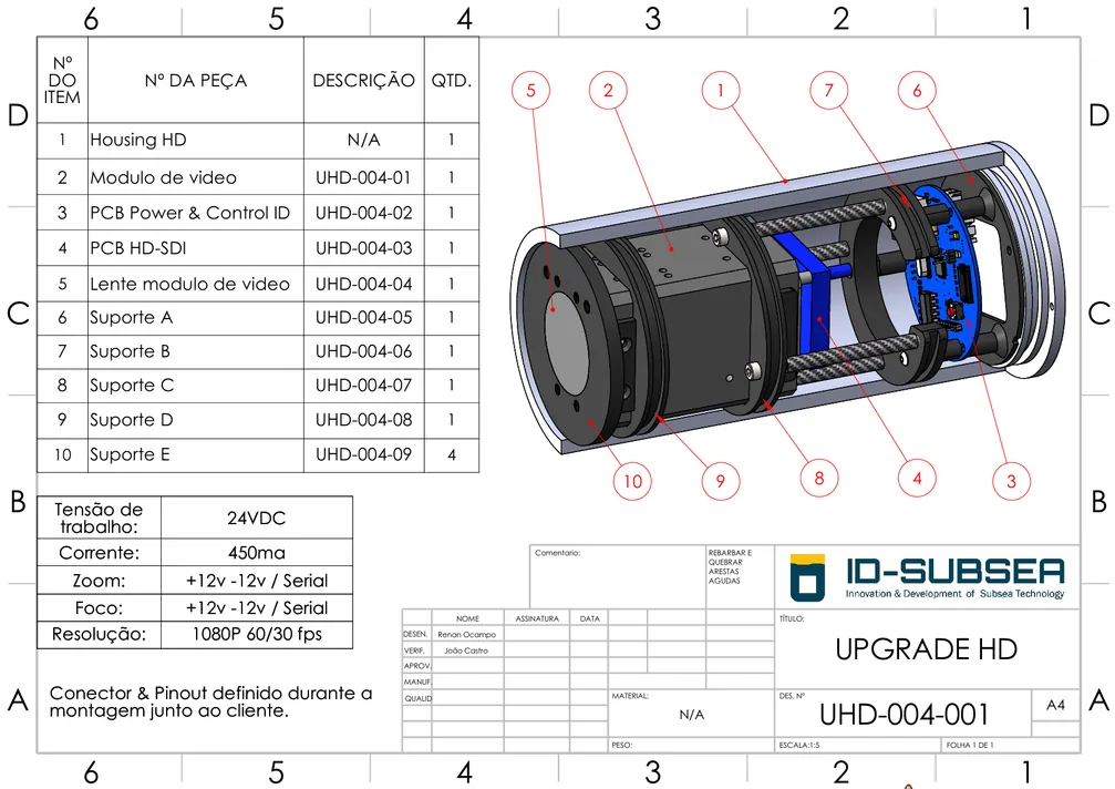 Desenho técnico de upgrade de câmera HD da ID-SUBSEA